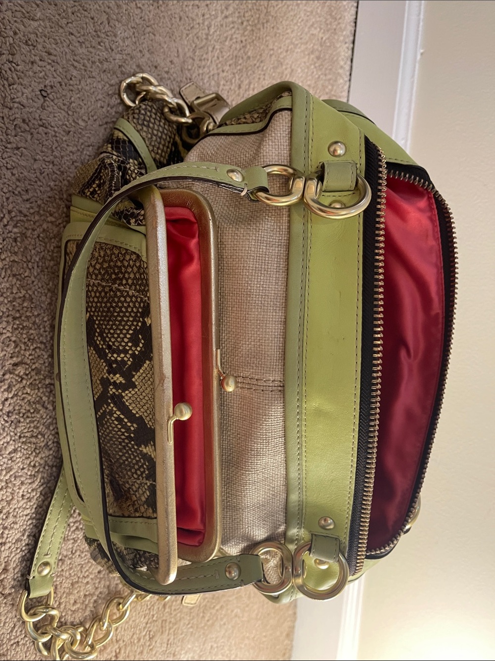 Coach Natalie bag Green Trim Python-Print Canvas Shoulder Bag gold accents - Picture 10 of 13